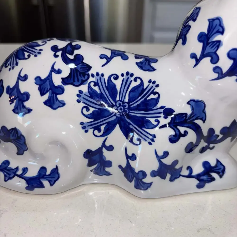 Vintage Blue and White Porcelain Chinoiserie Cat Figurine